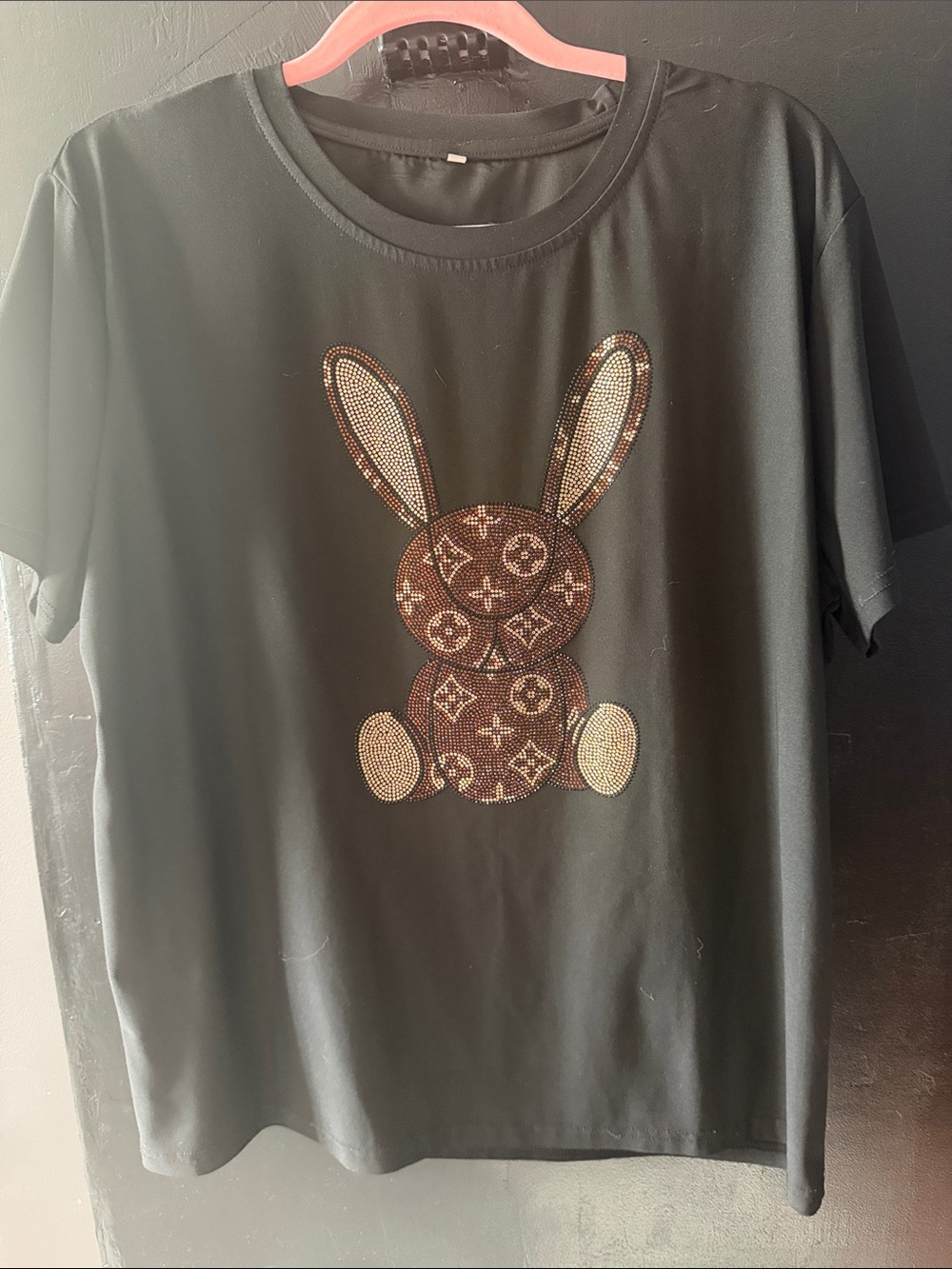 Black Graphic Bunny Tee with Rhinestone Logo Motif